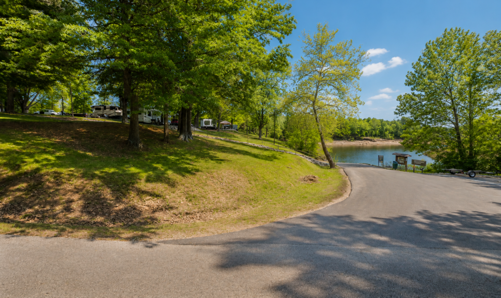 Lakefront campsites and boat ramp at Laurel Branch Campground