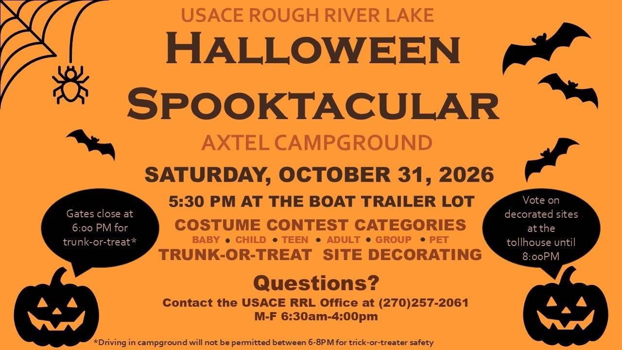 USACE Rough River Lake Halloween Spooktacular flyer for October 31 at Axtel Campground, beginning at 5:30 PM.