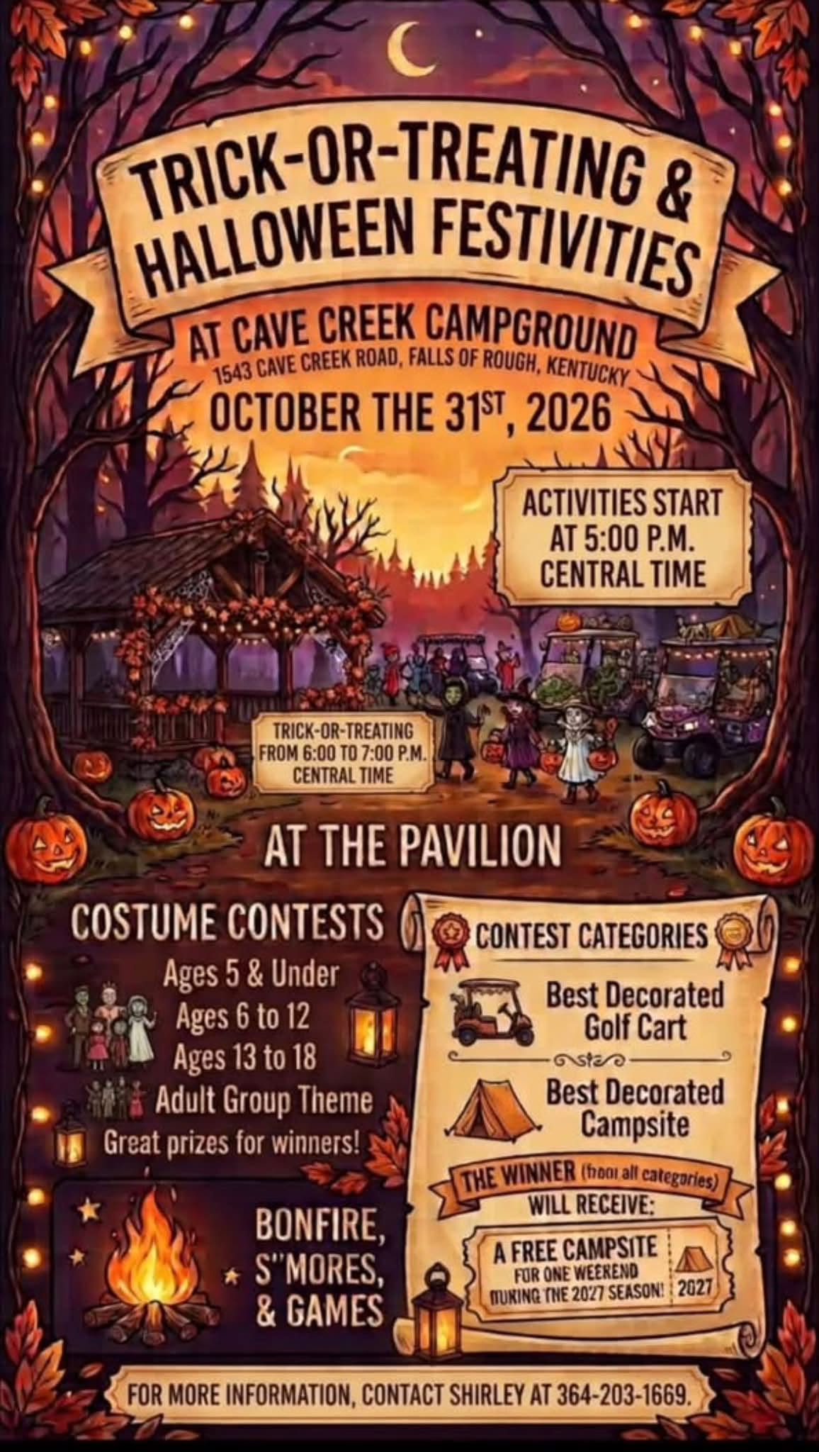 Cave Creek Campground Halloween flyer for October 31, 2026, with activities beginning at 5 PM and trick-or-treating from 6 to 7 PM.