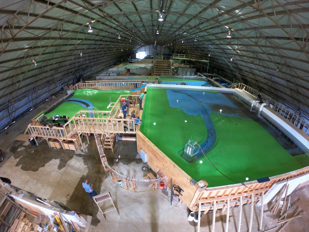Physical scale model of Rough River Dam’s planned outlet works inside the ERDC laboratory in Vicksburg, Mississippi.